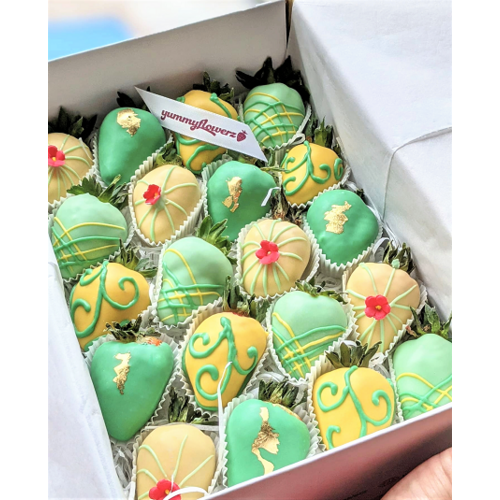 20pcs Green & Yellow with Gold Leaf Chocolate Strawberries Gift Box
